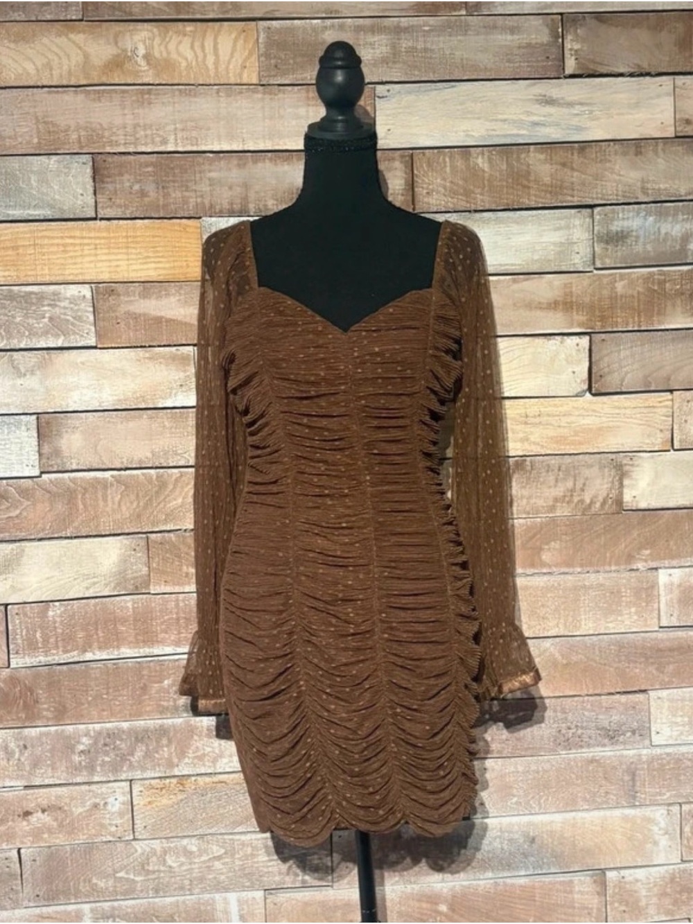 Haute Monde Coffee Brown Ruched Mesh Bodycon Mini Dress - Size L